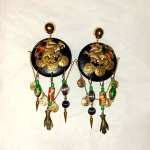 Vintage Bohemian Black Goldtone Dragon Coin & Beaded Dangle Earrings